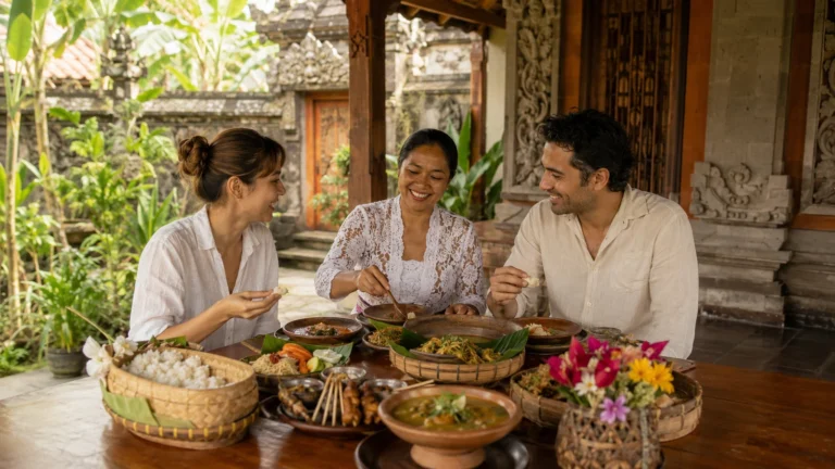 Guests sharing a respectful meal in a Balinese family home