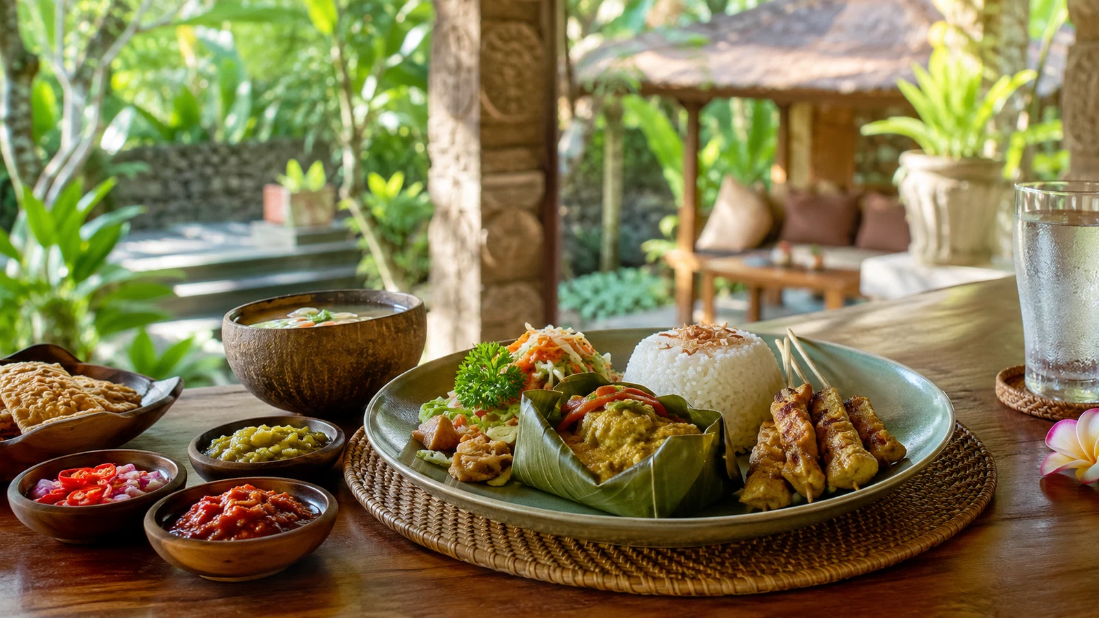 Vegetarian Balinese meal with tofu, tempeh, vegetables, and rice