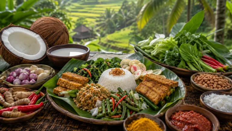 Fresh Balinese roots, leaves, coconut, chilies, and market ingredients